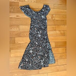 Black & White Abstract Print Midi Dress With Slit